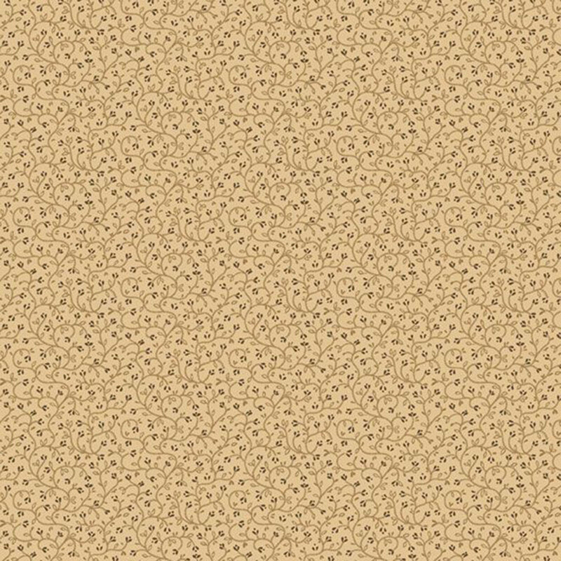 A beige fabric with tiny red rose buds and vines. 