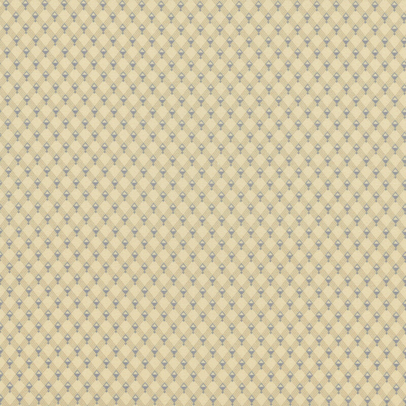 A beige and muted blue repeating geometric pattern. 