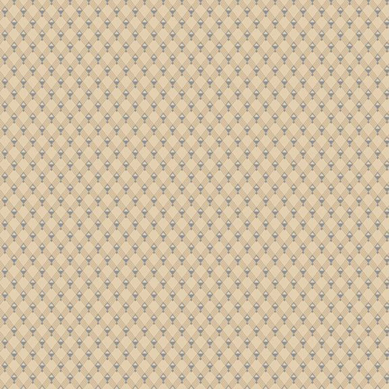 A beige and muted blue repeating geometric pattern. 