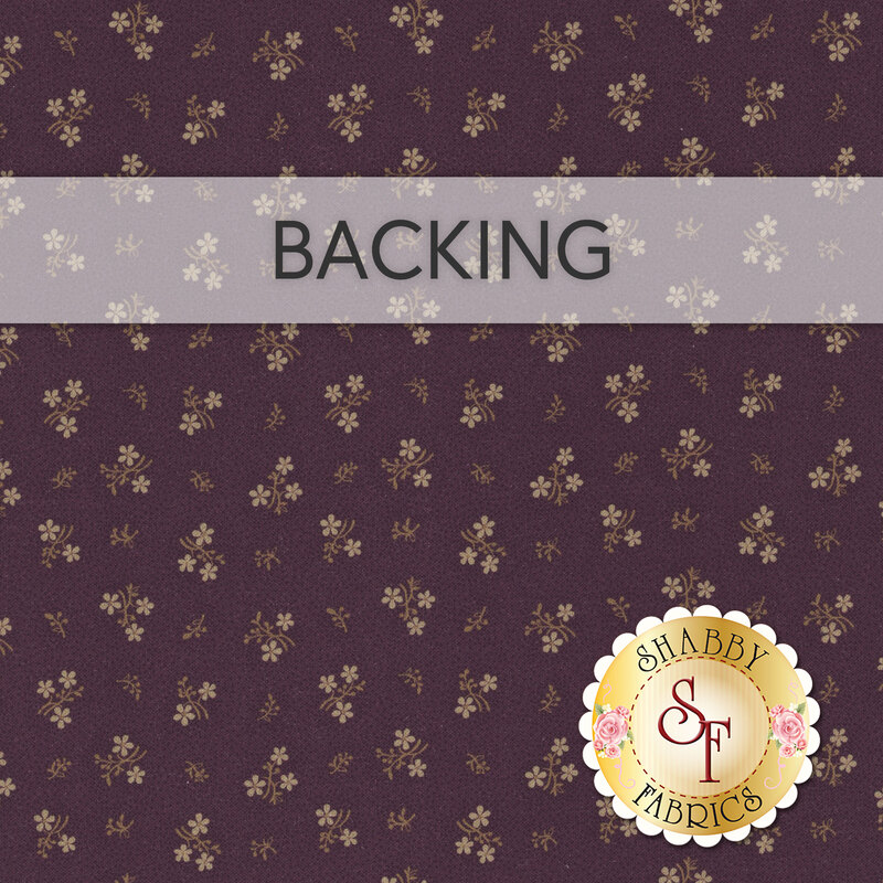 Dark plum purple fabric swatch with a tossed tan flower and sprig pattern. A transparent banner at the top reads 