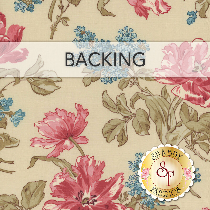 A sandy tan fabric swatch with sprawling vintage florals in pink and blue; a transparent banner reads 