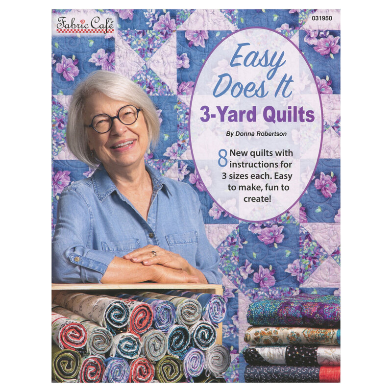 The front of the Easy Does It 3-Yard Quilts book, featuring Donna Robertson in front of one of the quilt designs included in the book.