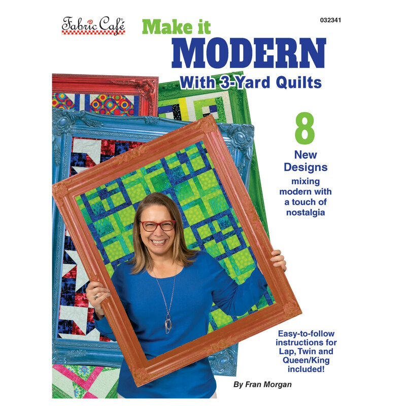 The front of the Make it Modern With 3-Yard Quilts book, featuring Fran Morgan holding a large picture frame with a quilt inside.