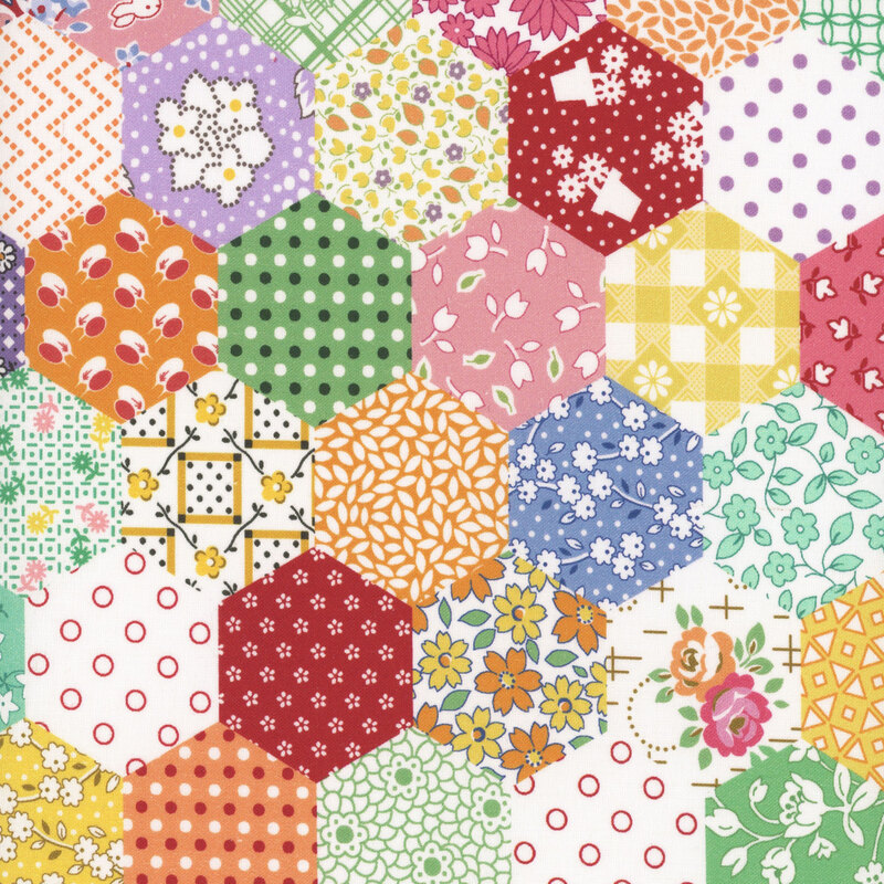 Fabric with a multicolored, hexagonal patchwork pattern