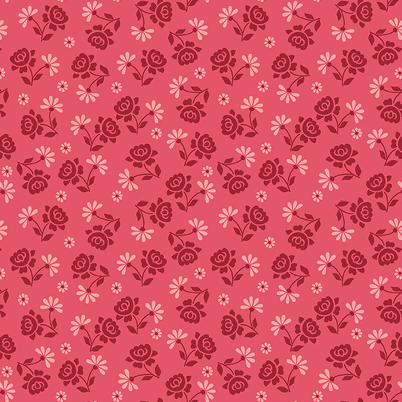 Rose red fabric featuring tossed dark red roses and pink flowers.