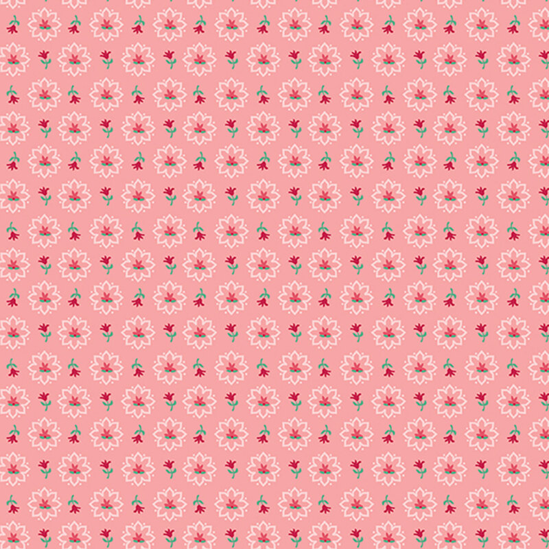 Salmon pink fabric featuring red rosettes tossed with white flower silhouettes.