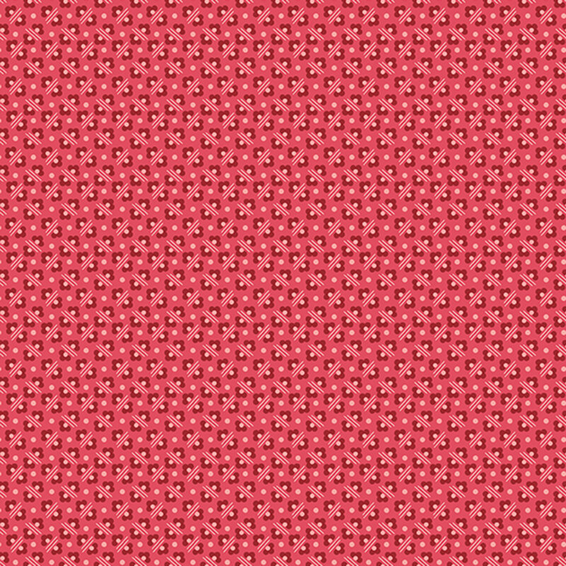 Watermelon red fabric featuring a floral and geometric design.