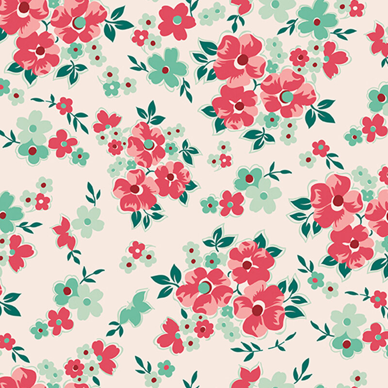 Crimson, pink, and teal flowers tossed on ivory fabric.