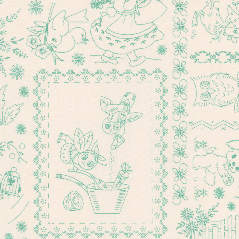 Ivory fabric with a teal cross-stitch print featuring a home and garden motif.