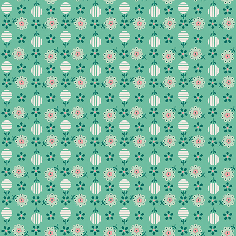 Calico teal fabric featuring an evergreen and pink floral design.