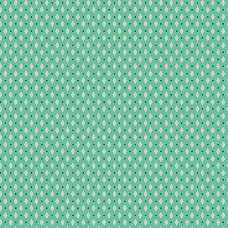 Teal fabric featuring a diamond and dots geometric pattern.