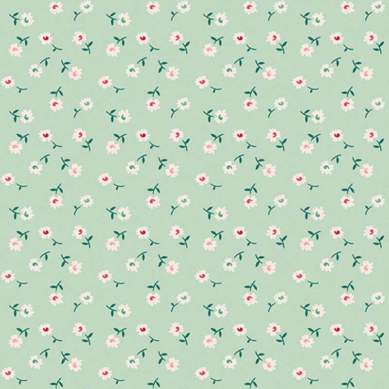 Aqua fabric featuring tossed white flowers with dark green stems.