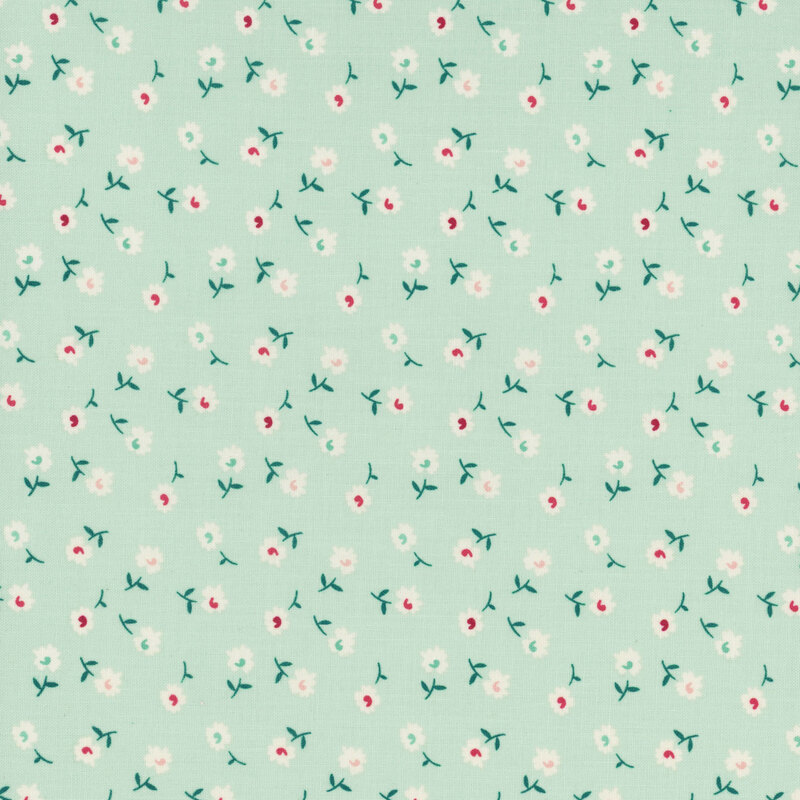 Aqua fabric featuring tossed white flowers with dark green stems.