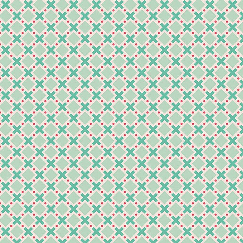 Aqua fabric with a teal, red, and white geometric design.