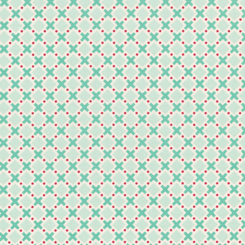 Aqua fabric with a teal, red, and white geometric design.