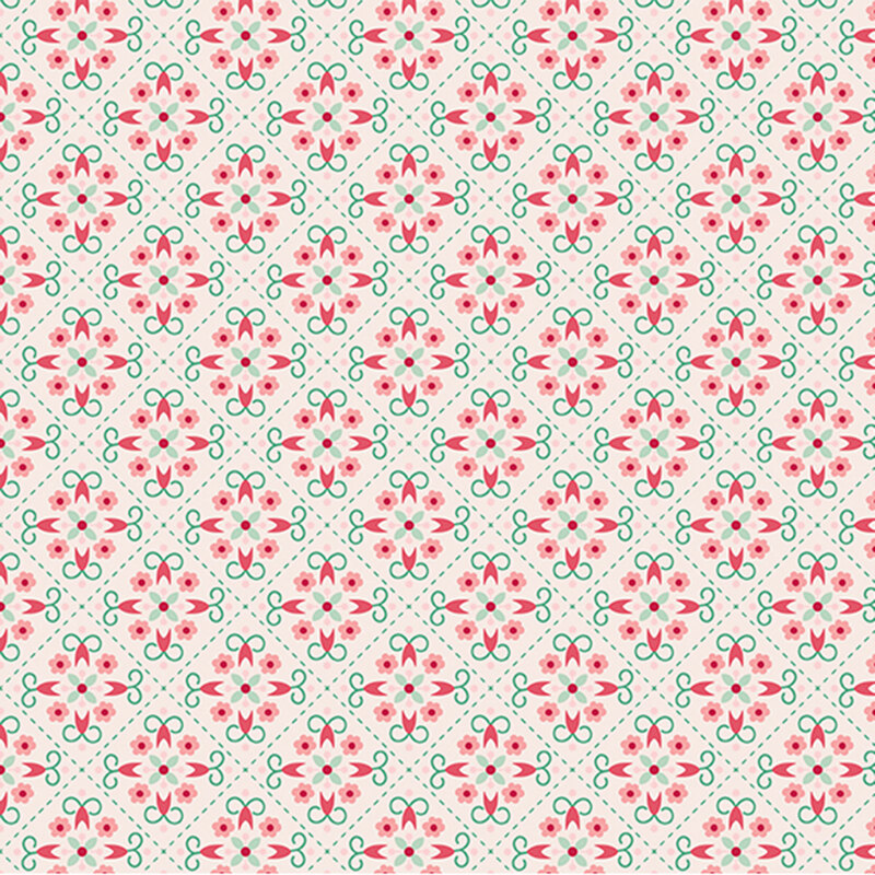 Ivory fabric featuring a geometric pattern in teal, red, and pink.