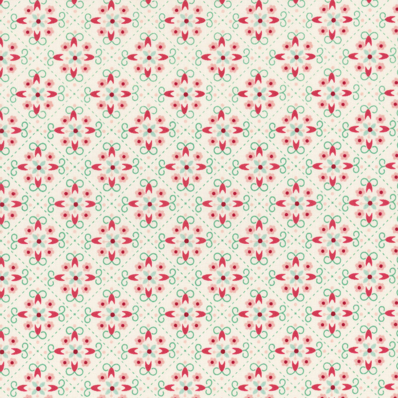 Ivory fabric featuring a geometric pattern in teal, red, and pink.