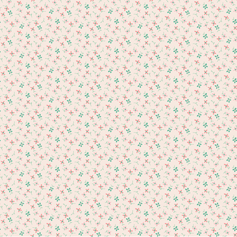 Ivory calico fabric featuring small coral and teal flowers.