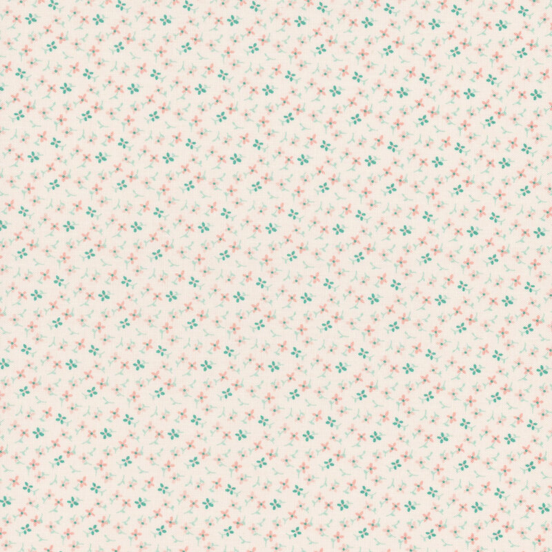 Ivory calico fabric featuring small coral and teal flowers.
