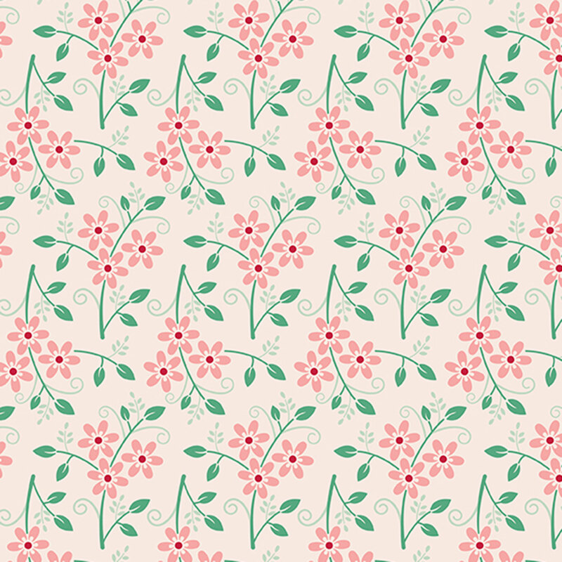 Pink flowers and green leaves and stems tossed on ivory fabric.