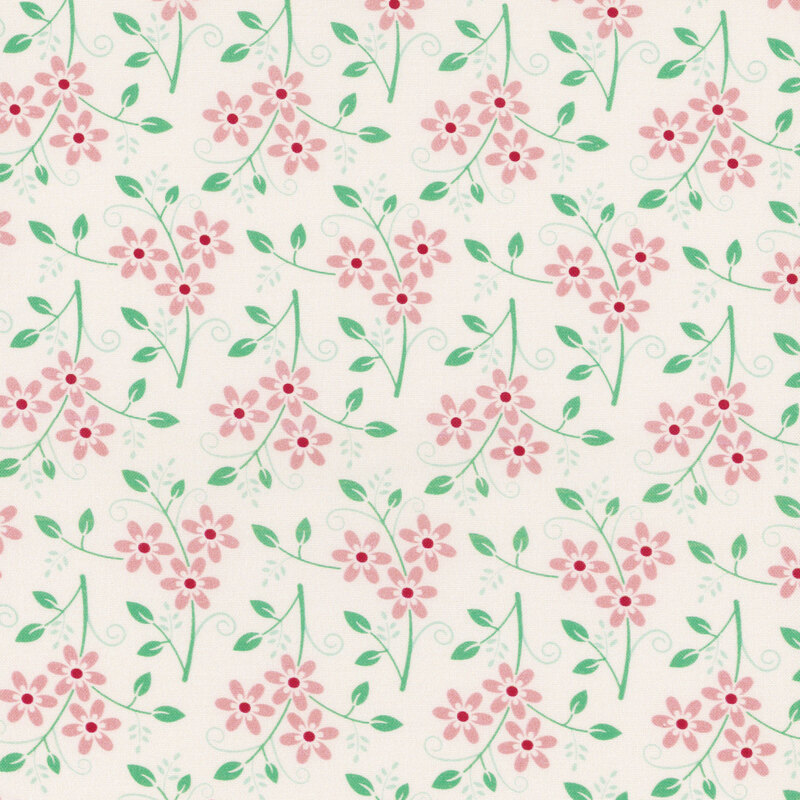 Pink flowers and green leaves and stems tossed on ivory fabric.