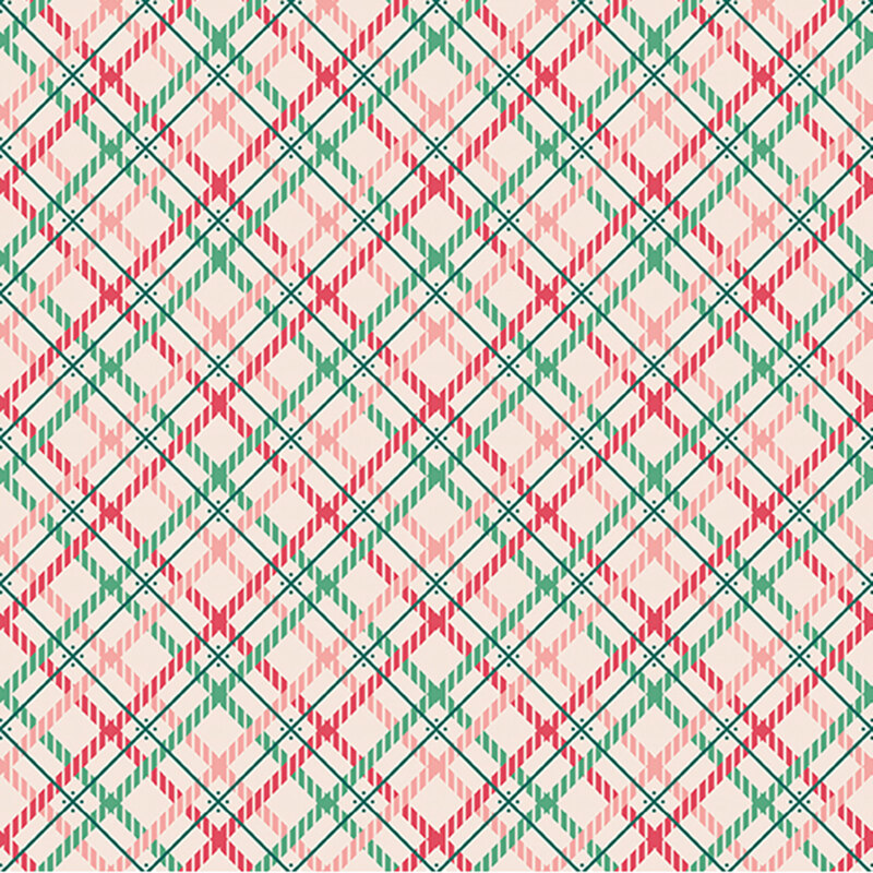 Ivory fabric featuring a pink, red, and teal plaid pattern.