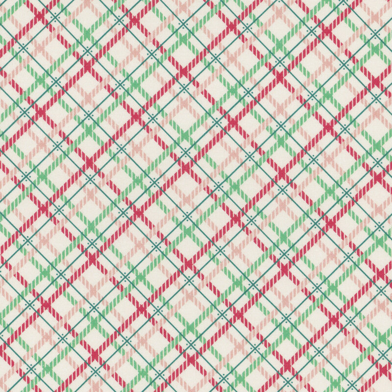 Ivory fabric featuring a pink, red, and teal plaid pattern.