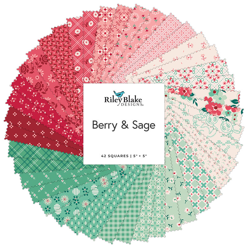 Collage of fabric swatches in teals, creams, reds, and pinks with floral and geometric designs arranged in a circular pattern, labeled Berry & Sage by Riley Blake Designs.
