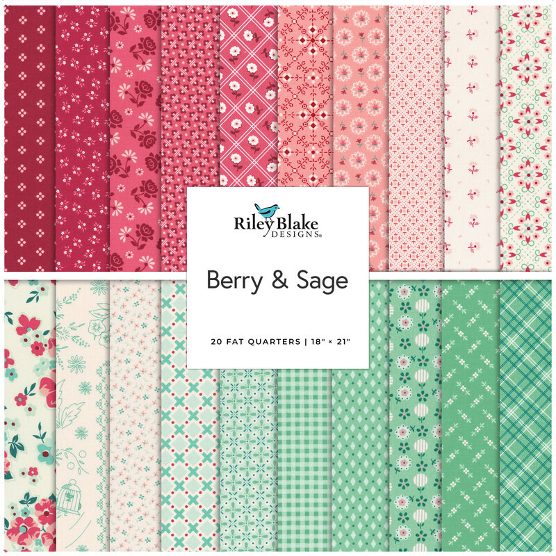Digital collage of fabrics included in the Berry & Sage collection with teals, creams, reds, and pinks with a floral and geometric theme.