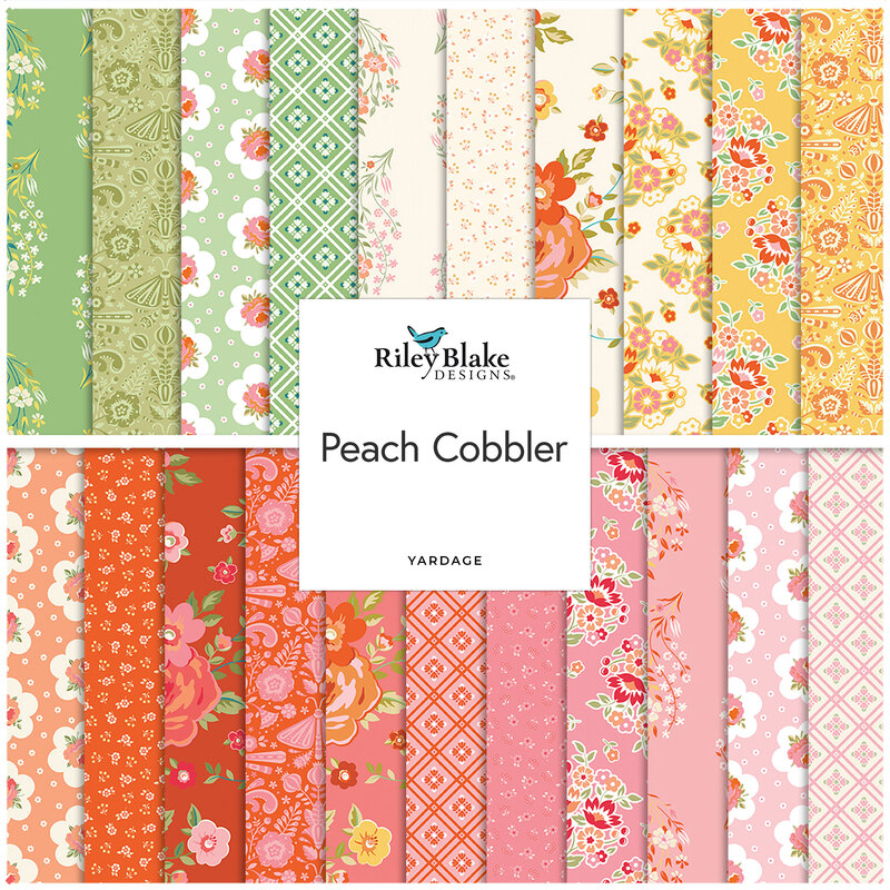 Digital collage of fabrics included in the Peach Cobbler collection with green, cream, yellow, and pink fabrics with floral patterns..