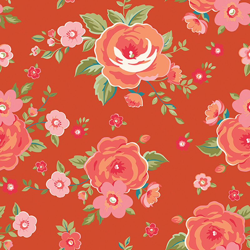 Peach and pink roses tossed on red-orange fabric.