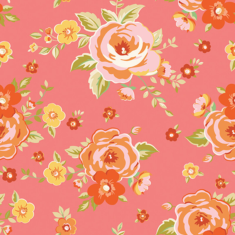 Pink, orange, and russet roses tossed on salmon-orange fabric.