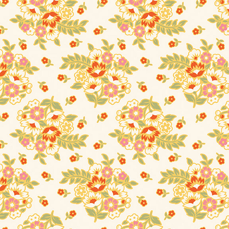 Flower bouquets in red, pink, and white flowers tossed on cream fabric.