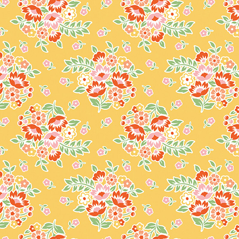 Flower bouquets in russet, pink, and yellow flowers tossed on sunshine yellow fabric.