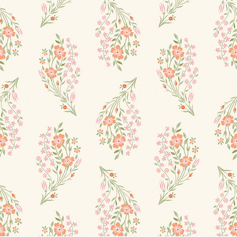 Posies of peach and pink flowers and green stems tossed on cream fabric.