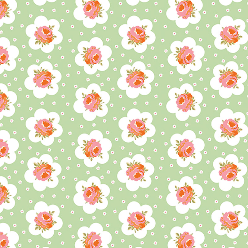 Mint green fabric featuring peach-pink roses outlined in a white flower and small white flowers dotting the background.