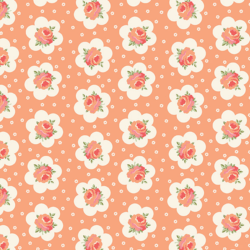 Peach fabric featuring peach-pink roses outlined in a white flower and small white flowers dotting the background.