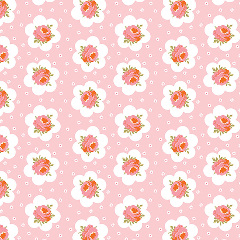 Pink fabric featuring peach-pink roses outlined in a white flower and small white flowers dotting the background.