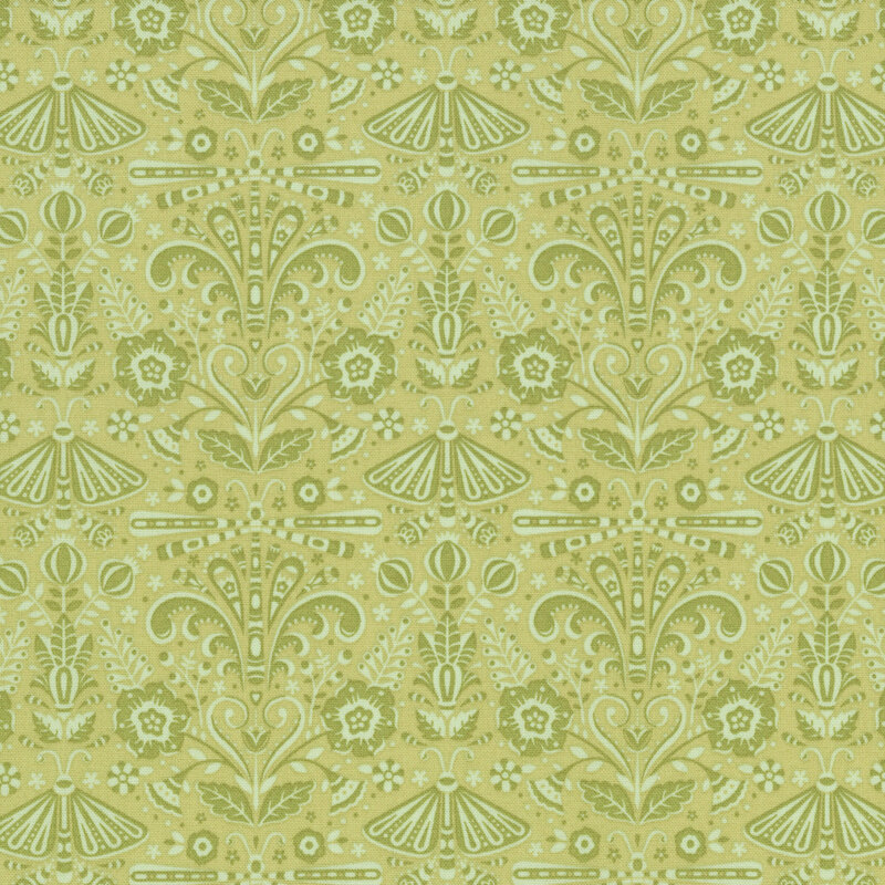 Tonal green fabric featuring symmetrical ornamental designs.