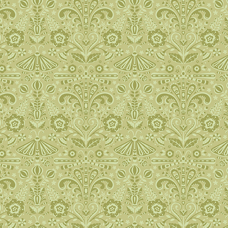 Tonal green fabric featuring symmetrical ornamental designs.