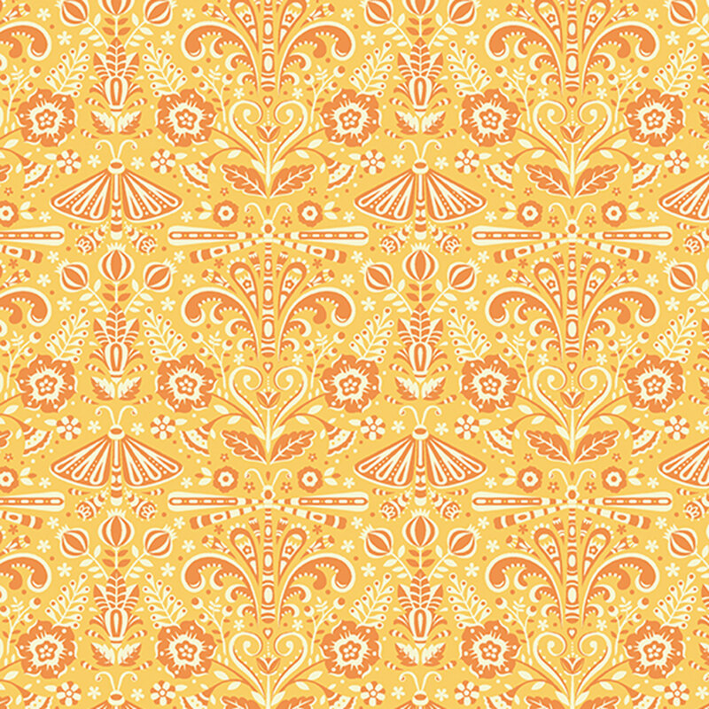 Sunshine yellow fabric featuring peach symmetrical ornamental designs.