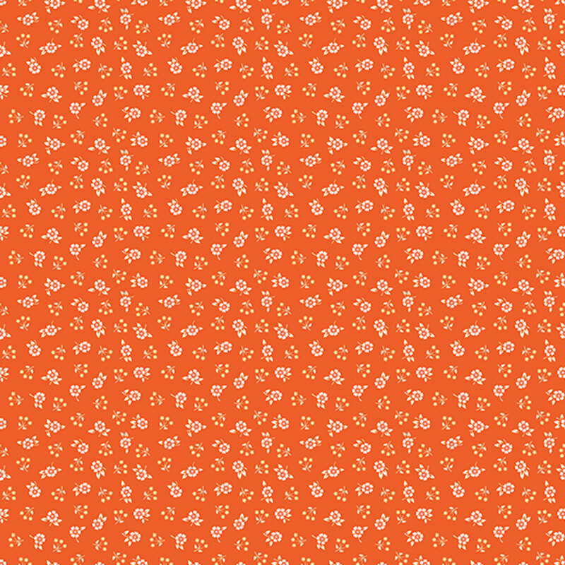 Bright orange fabric featuring a ditsy design of white flowers and yellow sprigs.