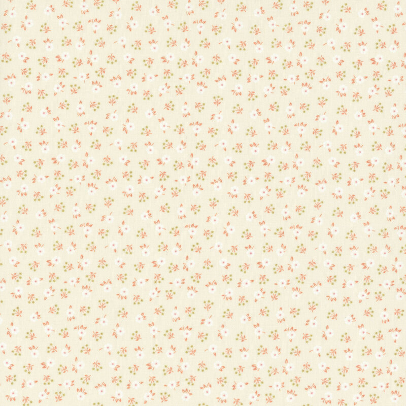 Sandy-cream fabric featuring a calico design of white flowers and peach-colored sprigs.
