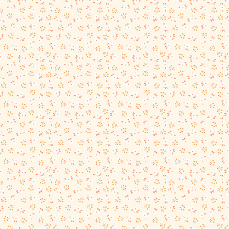Sandy-cream fabric featuring a ditsy design of white flowers and peach-colored sprigs.
