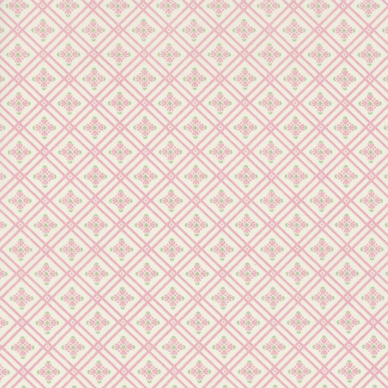 Cream fabric featuring a pink lattice and floral design.