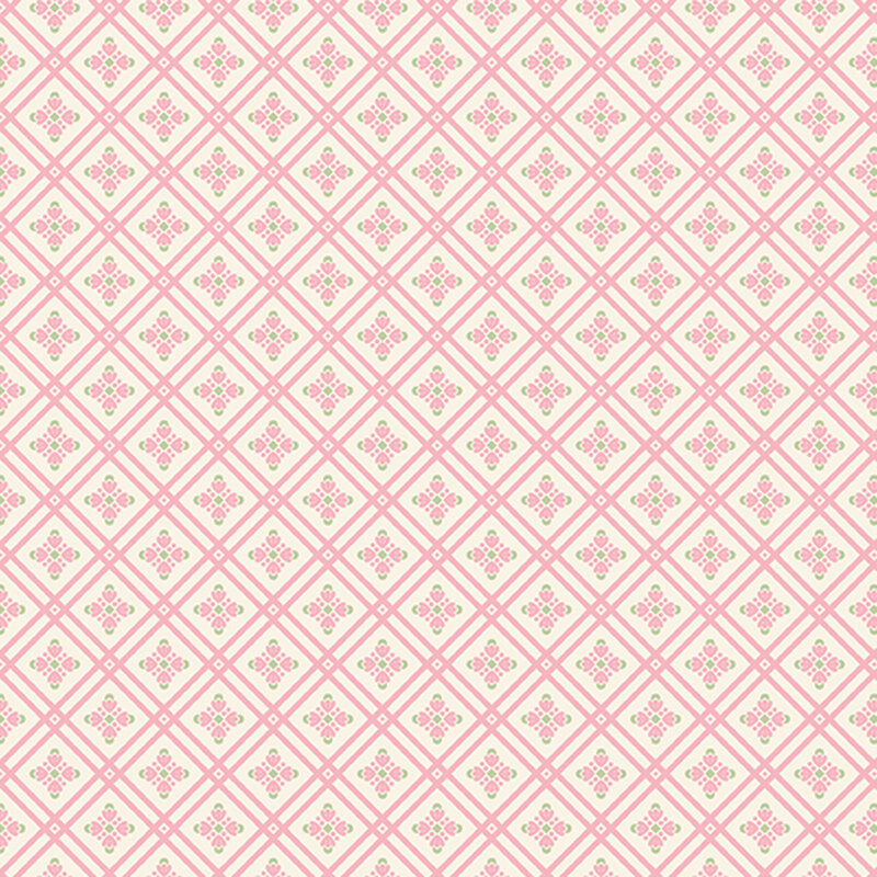 Cream fabric featuring a pink lattice and floral design.