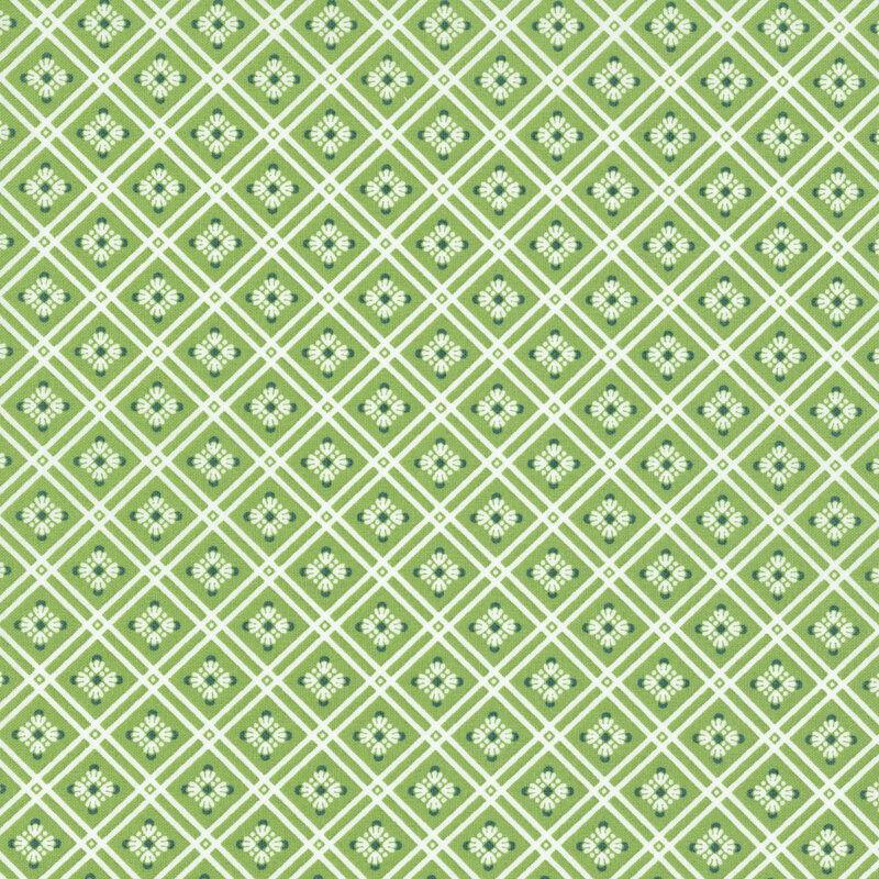Mint green fabric featuring a white lattice and floral design.