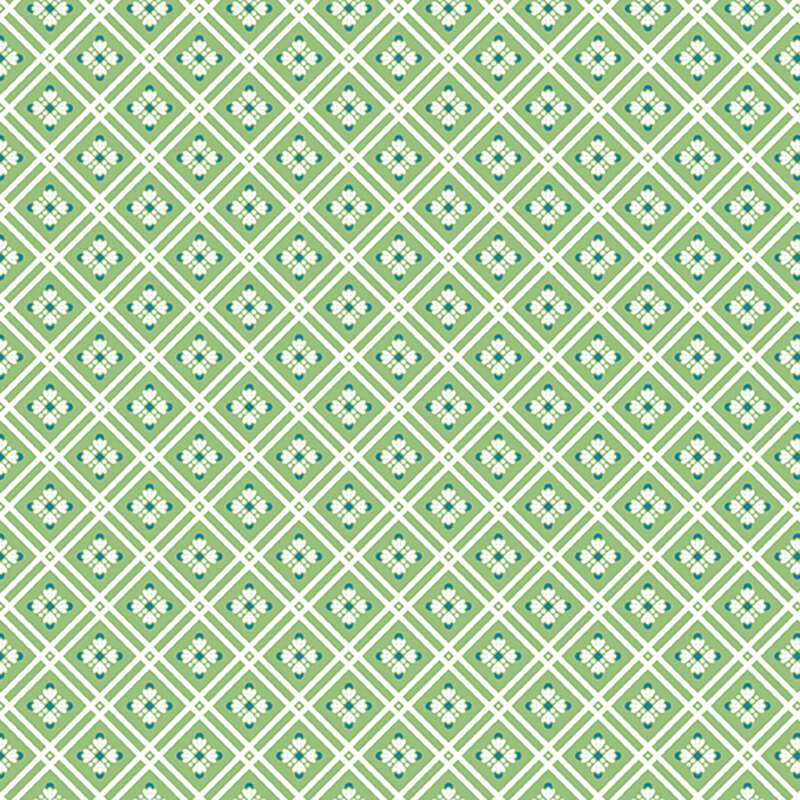 Mint green fabric featuring a white lattice and floral design.