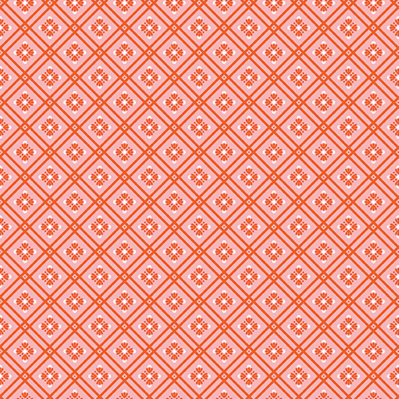 Bubblegum pink fabric featuring a bright orange lattice and floral design.