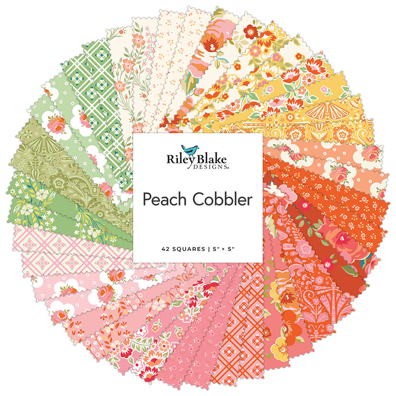 Collage of fabric swatches in green, cream, yellow, and pink with floral patterns arranged in a circular pattern, labeled Peach Cobbler by Riley Blake Designs.